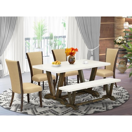 East West Furniture 6 Piece V-Style Dining Room Table Set - Distressed Jacobean V726VE703-6